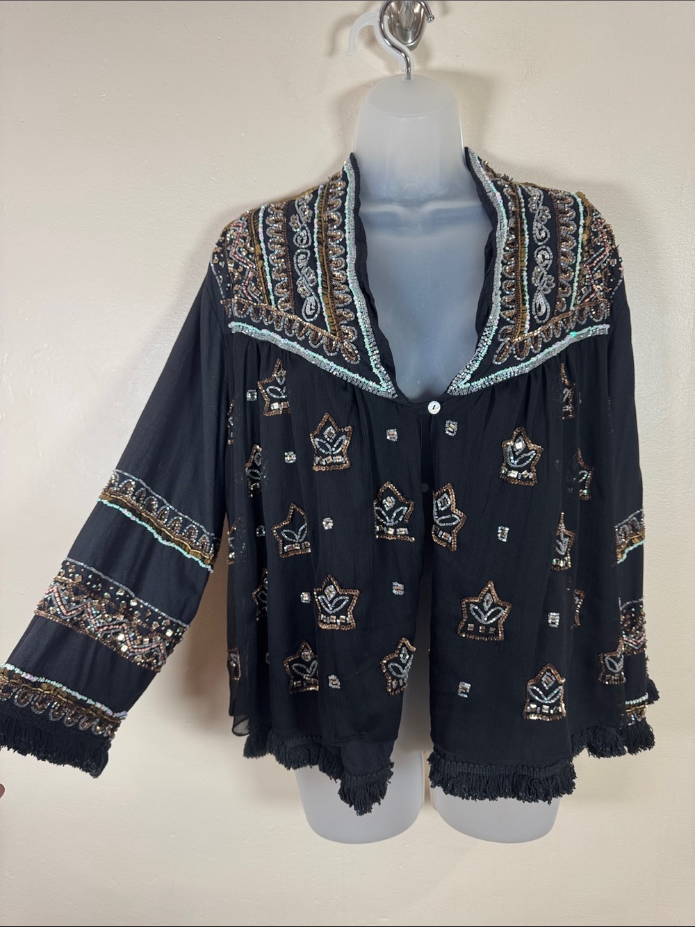 Rubyyaya Womens Cropped Embellished Beaded Blazer Jacket Boho Festival M Sequins